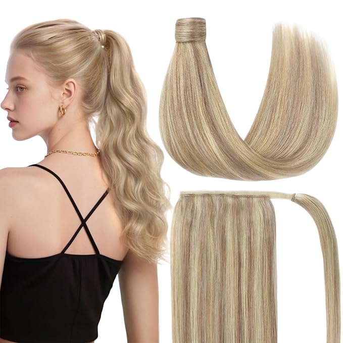 Ve Sunny Hair Extensions Ponytail Real Human Hair Wrap Around Clip in Ponytail Hair Extensions Straight Extensions Human Hair for Women Blonde Highlights for Women Warm Color 18inch 80G