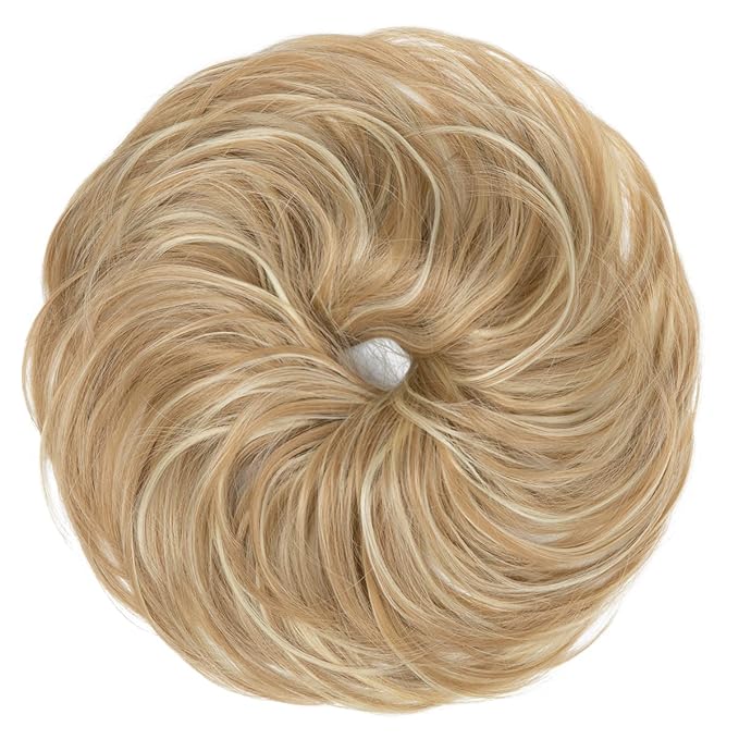 SARLA Messy Hair Bun Hair Pieces Curly Synthetic Updo Fake Scrunchies Ponytail Extension for Women Dirty Blonde 1PCS