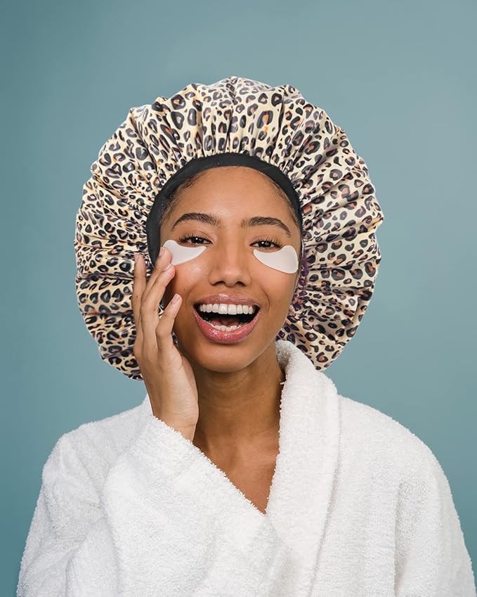 Auban Shower Cap, Shower Cap for Women Terry Cloth Lined EVA Exterior Reusable Double Layer Waterproof, Large Bath Hair Cap, Hotel Travel Essentials Accessories Cleaning Supplies (Leopard)