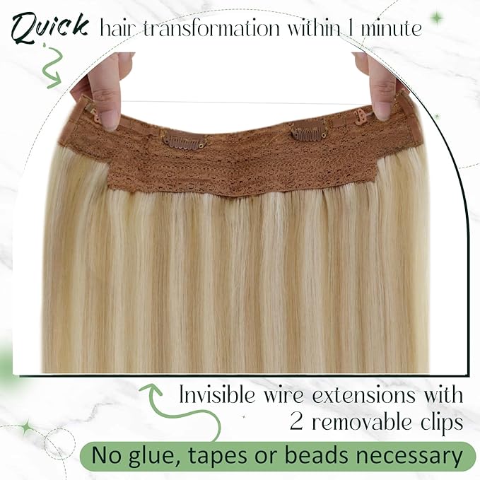RUNATURE Invisible Wire Hair Extensions Real Human Hair, Blonde Hair Extensions with Transparent Fish Wire, Natural Looking Remy Hair for Women, 20 Inch 100g #18P613 Sandy Blonde HIghlights