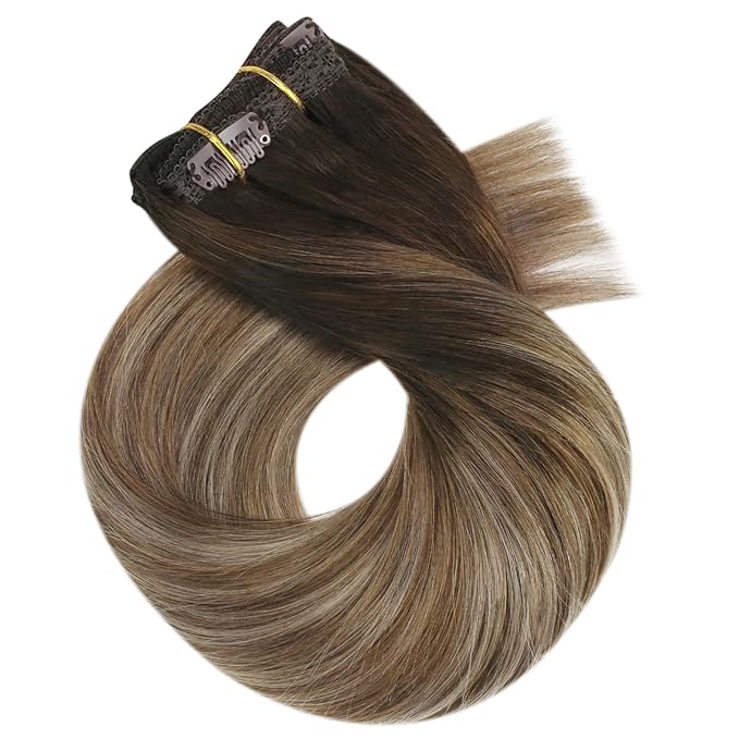 Moresoo Clip in Hair Extensions Real Human Hair for Women Long Human Hair Clip in Extensions Balayage Brown to Blonde 20 Inch Different Batches