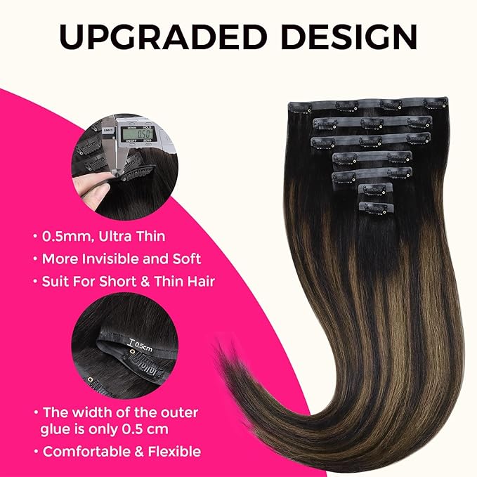Lashey Seamless Clip in Hair Extensions Natural Black Mixed Chestnut Brown Real Human Hair 7pcs 110g 22 Inch Light Yaki Clip in Real Hair Extensions with Invisi Edge Soft Hair for Black Women