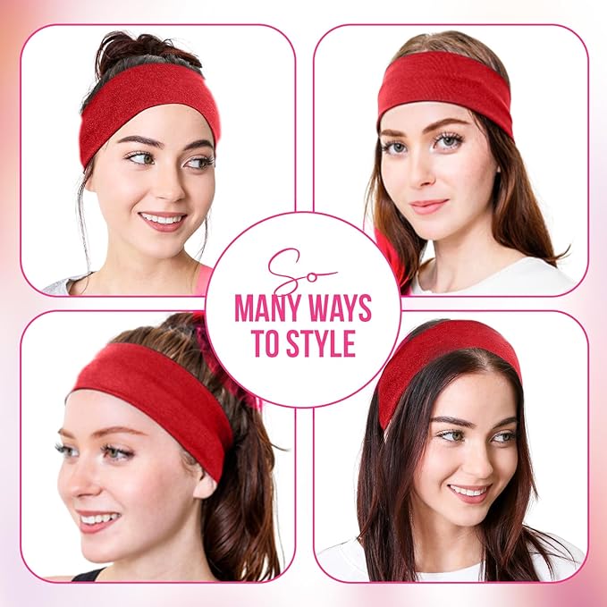 Styla Hair Headbands for Women Stretch Fashion Head Bands 10 Pack Non-Slip Head Wraps Great for Spa, Sports, Yoga, Pilates, Running, Gym Headband, Workouts - Red