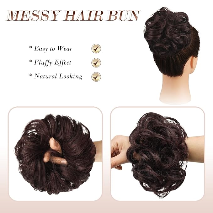 FESHFEN Messy Bun Hair Piece - Large Elastic Wavy Curly Hair Bun Scrunchies Ponytail Extensions Synthetic Chignon Hairpieces for Women, Black Cherry 1.94oz