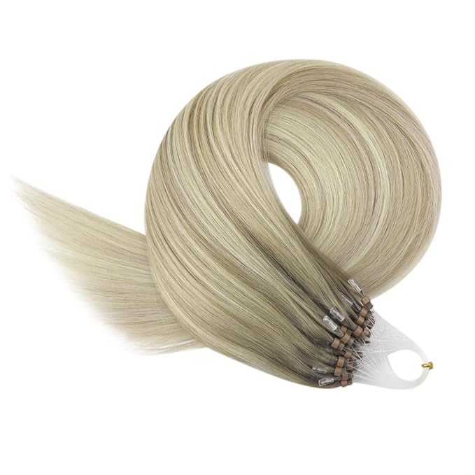 YoungSee Micro Loop Hair Extensions Human Hair Ombre Micro Bead Hair Extensions Real Human Hair Ash Blonde Ombre Microbeads Hair Extension 24 Inch Balayage Bead Hair Extension for Long Hair 50s/50g