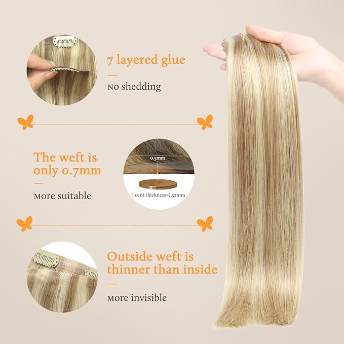 DOORES Human Hair Extensions, Light Blonde Highlighted Golden Blonde 130g 7pcs 16 Inch, Invisible Edge Seamless Clip in Hair Extensions for Women
