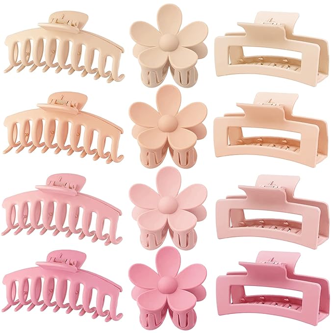 Large Hair Claw Clips 12 Pack, Flower Hair Clips for Thin Hair, Big Square Matte Strong hold for Thick Hair, 3 Styles Hair Clips for Women Thick Hair Pink Colors