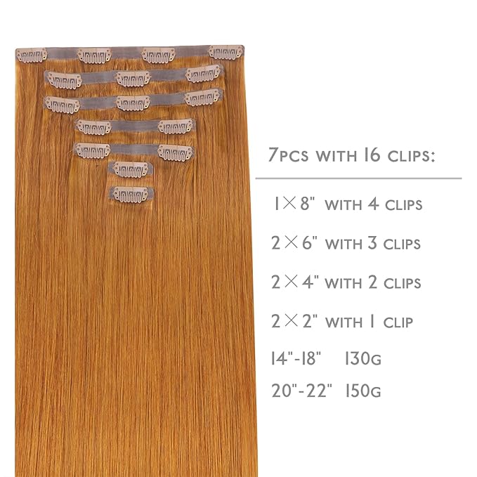 WENNALIFE Seamless Clip In Hair Extensions Human Hair, 18 Inch 130g 7pcs Auburn Ginger Real Hair Extensions Clip in Human Hair Invisible PU Skin Weft Natural Remy Human Hair Extensions