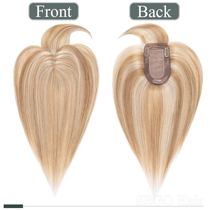 SEGO Hair Toppers for Women Real Human Hair with Thinning Hair, Hair Pieces Clip in Toppers Straight Hair Pieces with Front Bangs -8 Inch #12/613 Golden Brown Mix Bleach Blonde