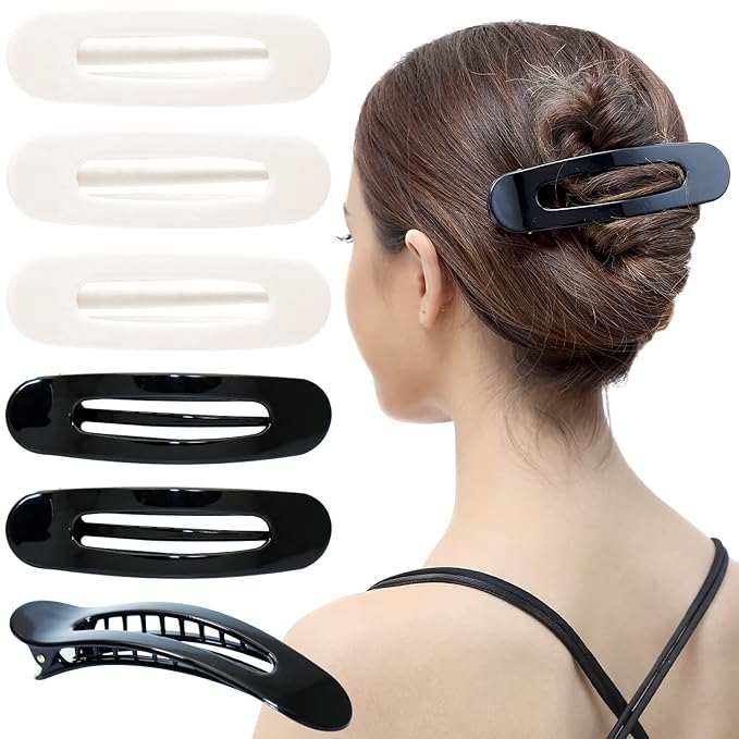 RC ROCHE 6 Pcs Flat Claw Hair Clips for Women Lay Down Barrettes No Crease Side Slide Thick Long Hair Duckbill French Against Head Jaw Claw Styling Clamp, Medium Black & White