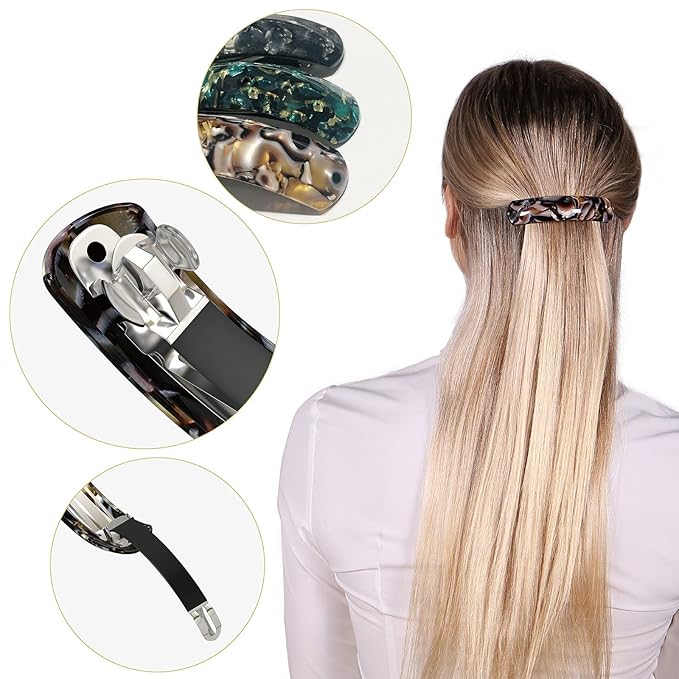 Large Hair Barrettes for Women Fine Thick Hair, French Barrette Hair Clips Ponytail Clamps Clasp Stylish Hair Accessories- 3Pcs (Black, Brown, Green)