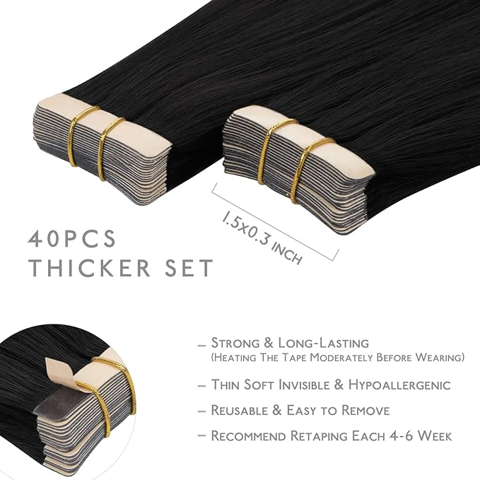 WENNALIFE Tape in Hair Extensions Human Hair, 40pcs 100g 18 inch Jet Black Hair Extensions Real Human Hair Straight Tape in Extensions Invisible Human Hair Extensions Reusable Real Hair Extensions