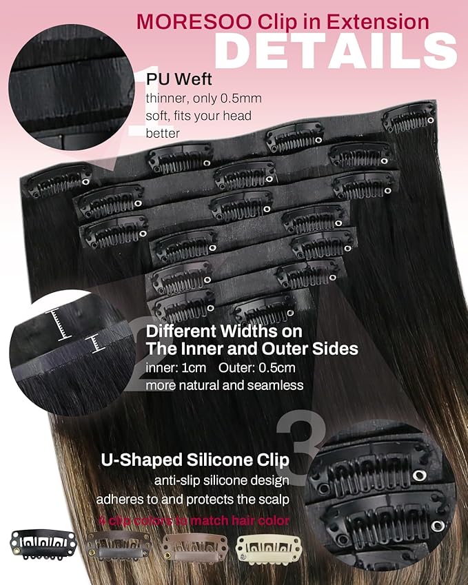 Moresoo Seamless Clip in Hair Extensions Human Hair Black to Brown with Blonde Ombre Hair Extensions Clip ins Long Natural Black to Brown with Honey Blonde Remy Straight Pu Weft 120g/7pcs 22 inch