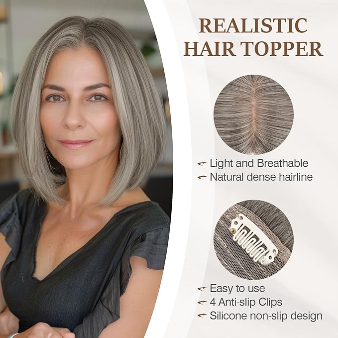 Rich Choices Hair Toppers for Women Real Human Hair 100% Human Remy Toppers NO Bangs for Women with Thinning on Top Clip in Hairpiece 4"x4.7"Lace Base 16 Inch Salt and Pepper G2 Sliver