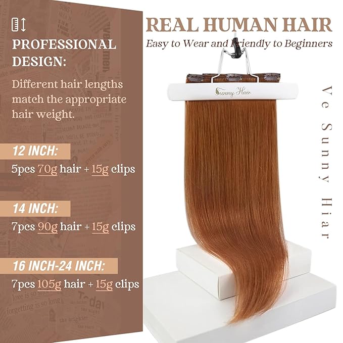 Ve Sunny Clip in Hair Extensions Real Human Hair Double Weft Remy Hair Clip in Extensions Human Hair for Women Full Head Ginger Copper 7pcs 22 inch 120g