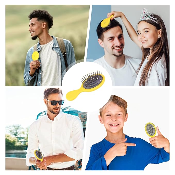 RHOS Mini Hair Brush for Women,Men and Kids-Travel Size Hair Brush for Purse,Pocket,backpack-Small Cushion Paddle Brush with Soft Bristles-Mini Detangler Brush for All Hair Types(1 Pack-Yellow)