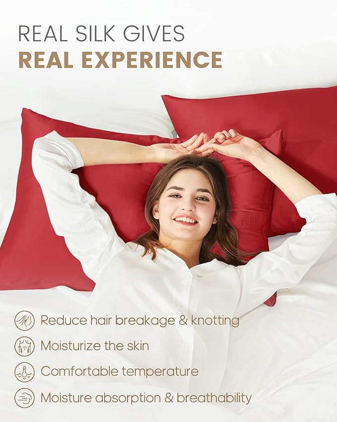 THXSILK 100% Pure Mulberry Silk Pillowcase for Hair and Skin, Highest 6A+ Grade Silk Pillow Case Standard Size, Real Silk Pillowcase with Zipper (Red, Standard Size 20"x26")