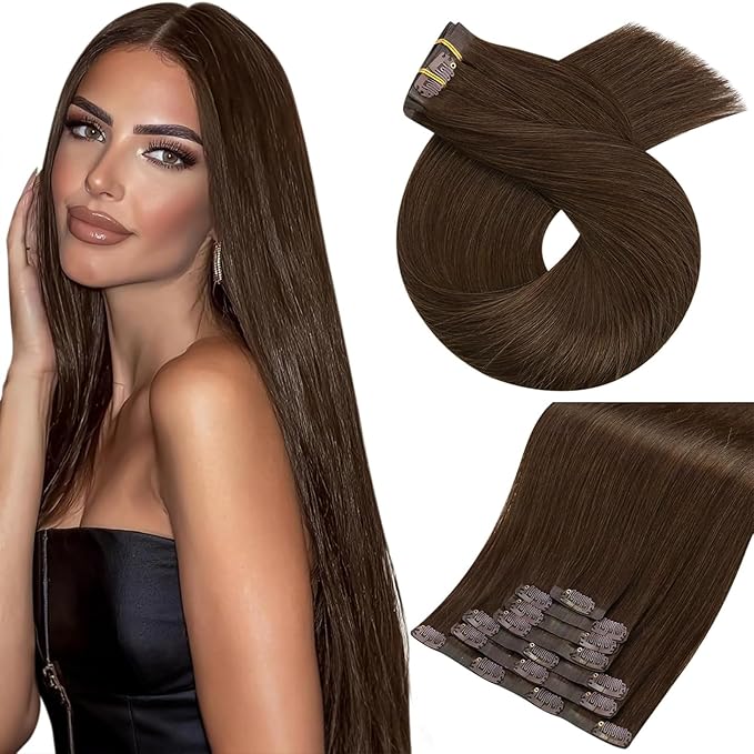 Moresoo Medium Brown Seamless Clip in Hair Extensions Human Hair Brown Hair Extensions Clip ins Straight Pure Weft Invisible for Women Long 120g/7pcs 16 inch