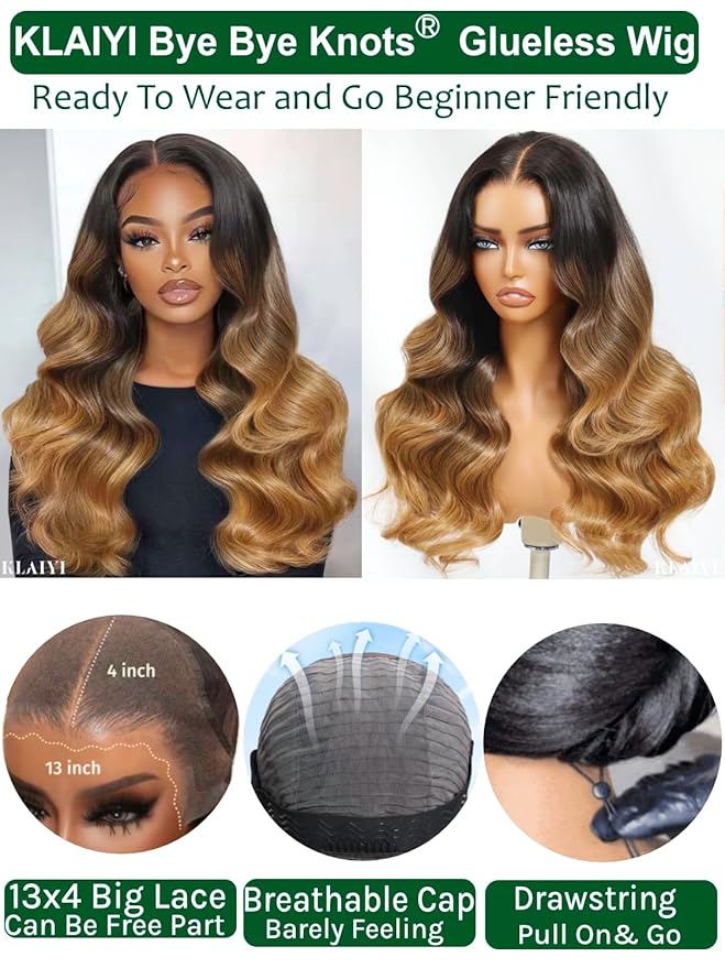 KLAIYI Ombre Highlight Blonde Loose Wave Pre Everything Glueless 13x4 Lace Front Wigs Human Hair Drawstring Balayage Brown Pre Cut Pre Plucked Bleached Ready to Wear and Go Wig with Dark Roots 22Inch