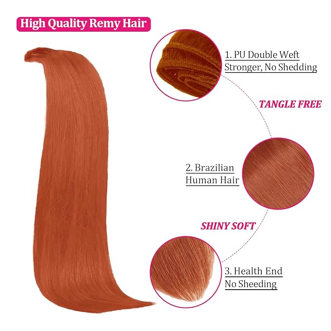Straight Clip in Hair Extensions Human Hair Clip Ins Extensions 8Pcs 125g Double Weft Copper Hair Extensions Clip in Human Hair Full Head Invisible Extensions（#350 24Inch）