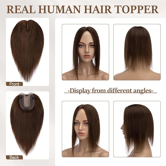 Rich Choices Hair Toppers for Women Real Human Hair 100% Human Remy Toppers NO Bangs for Women with Thinning on Top Clip in Hairpiece 4"x4.7"Lace Base 12 Inch #4 Medium Brown