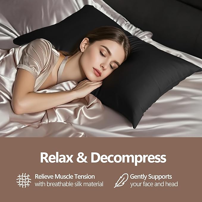 Silk Pillow Cases - 6A Luxury 100% Mulberry Silk Pillowcase for Hair and Skin - Anti-Wrinkle, Cooling & Smooth, Hidden Zipper - Pillowcases for Sleeping Women (Black, Standard)