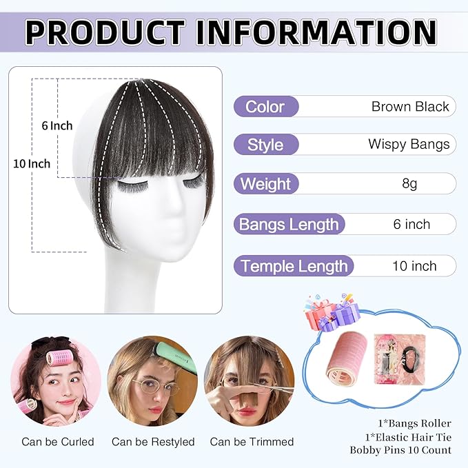 Wispy Bangs Hair Clip, 100% Human Hair Clip In Brown Black Bangs for Women, Soft Layered Fake Bangs with Feathered Fringe, Easy Clip-On Design for Daily Wear & Halloween