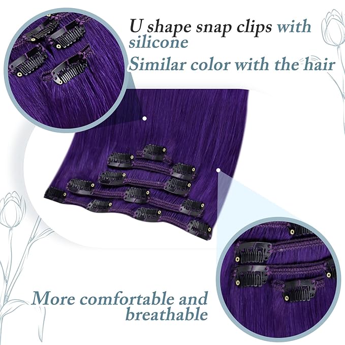 RUNATURE Purple Clip in Hair Extensions Human Hair 20 Inch Straight Clip in Purple Hair Extensions Colorful Human Hair, Easy to Install 70g 5pcs