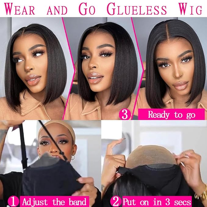4x6 Glueless Wigs - Human Hair 8 Inch Bob, Pre Plucked, Pre Cut, 180% Density, HD Transparent Frontal Lace Front Wigs for Women
