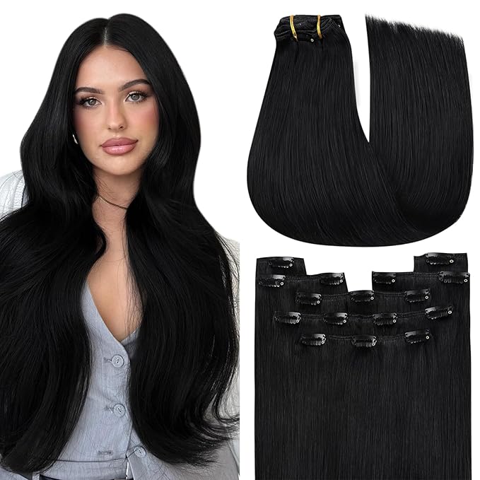 YoungSee 150G Human Hair Clip in Extensions Jet Black Clip in Human Hair Extensions Jet Black Clip on Hair Extension Real Hair Full Head Long Hair Extension Clip ins for Women 22Inch 7Pcs