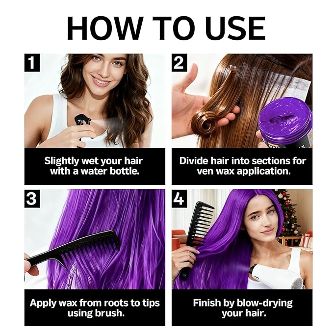 4 Colors Temporary Hair Color Wax for Christmas Party, Stocking Stuffers-DIY Washable Natural Instant Hair Color for Women Temporary Hair Dye for Kids Teens Women Men (Red&Orange&Claret&Purple 5 pcs)