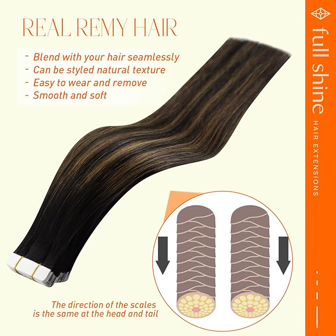 Full Shine Tape in Hair Extensions Human Hair Ombre Balayage 1B Black and 6 Chestnut 18 Inch Brown Tape in Extensions Natural Silky Human Hair Extensions Tape in Glue in 50G 20 Pcs