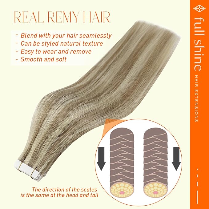 Full Shine Invisible Tape in Hair Extensions Human Hair Color 16 Golden Blonde Highlight 22 Medium Blonde 16 Inch Remy Tape in Hair Extensions Straight Tape in Extensions 50 Gram 20 Pcs