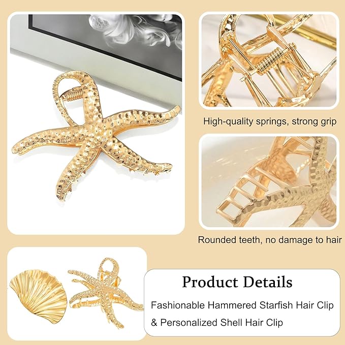 Gold Starfish Hair Clip Seashell Hair Claw Clips for Women Fashion Large Claw Clips for Thick Hair Beach Hair Accessories