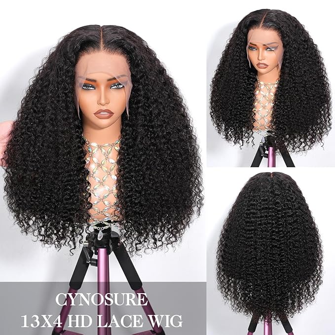 CYNOSURE HD Lace Front Wigs Human Hair Pre Plucked 180% Density Kinky Curly Lace Frontal Wigs Human Hair Glueless Natural Black Color 28inch