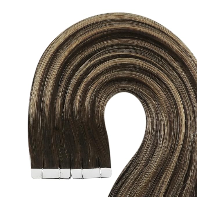 YoungSee Human Hair Tape in Extensions Brown Balayage Tape in Hair Extensions Real Human Hair 16 Inch Dark Brown Ombre Blonde Hair Extension Tapes in 20pcs Invisible Tapein Hair Extension 50g
