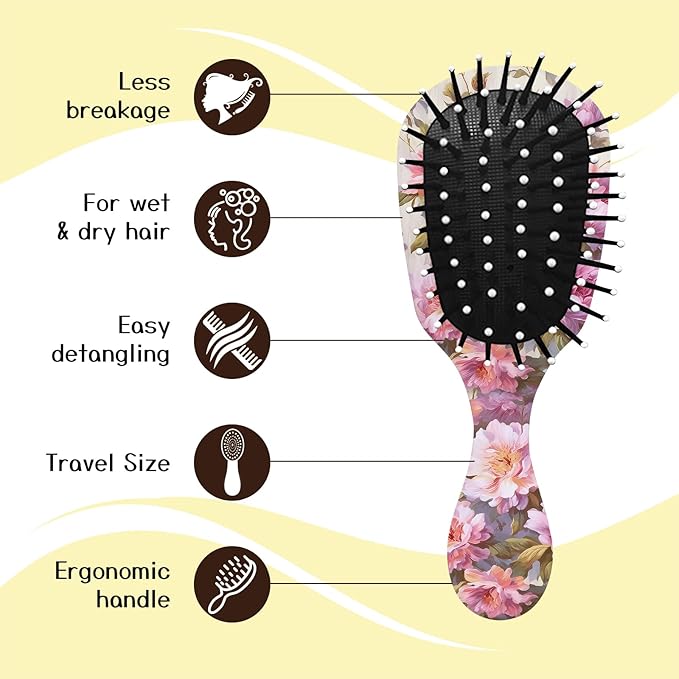 Mini Hair Brush,Cute Detangling Travel Hair Brush,Soft Bristles for Effortless Tangle Removal,Detangler Hairbrush for Women Men Boys Girls Kids Wet Dry All Hair Types (Pink Flowers, Mini)