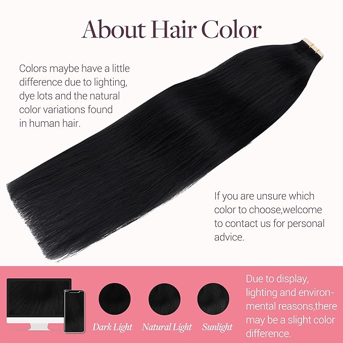 GOO GOO Tape in Hair Extensions Human Hair, 1 Jet black, 26inch 60g 20pcs, Skin Weft Seamless Invisible, Silky Straight with Thick Ends, Remy Human Hair