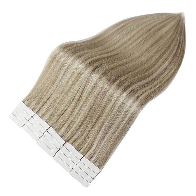 Full Shine Seamless Tape in Hair Extensions Human Hair Color 18/613 Ash Blonde Highlight with Platinum Blonde Tape in Hair Extensions 18 Inch Skin Weft Extension 50G 20 Pcs Natural Straight