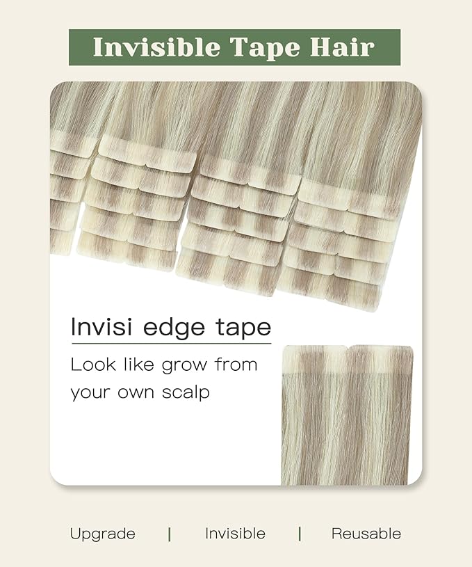 SURNEL Injected Seamless Tape in Hair #18P60 Ash Blonde with Platinum Blonde Seamless Tape Ins Upgraded Seamless Remy Invisible Tape in Extensions 16 Inch 20 Pcs 35g(#18P60,16)