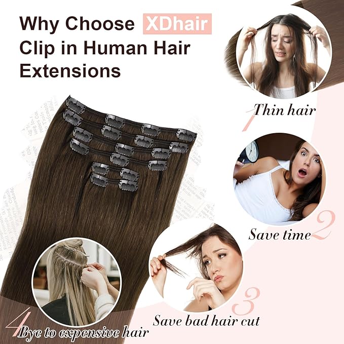 XDhair Clip in Hair Extensions Human Hair,100g 16 Inch Medium Brown Clip in Hair Extensions Real Human Hair for Women Silky Straight Real Hair 6pcs #4 16 Inch