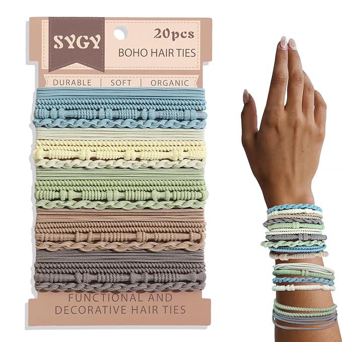 SYGY 20 PCS Boho Hair Ties, Light Color Scrunchies for Thick or Thin Hair, 4 Styles Hair Ties for Ponytail Holders, 2.36" Hair Scrunchies No Damage