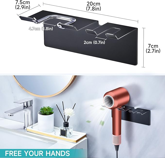 Blow Dryer Holder Matte Black, Hair Dryer Wall Mount, Hair Dryer Holder Stainless Steel, Blowdryer Holder for Wall, Hairdryer Holder for Bathroom Dressing Table