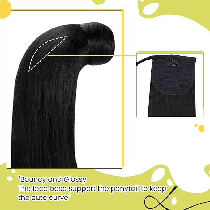 RUNATURE Ponytail Extension Human Hair, 14 Inch 70g Real Human Hair Ponytail, Striaght Natural Hairpiece with Wrap Around Magic Paste, Daily Wear, Easy to Install, #1B Off Black #1B Off Black