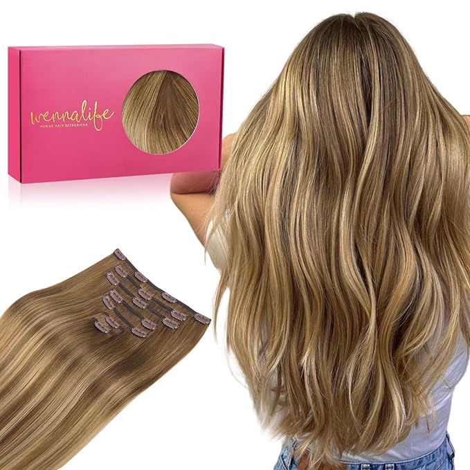 WENNALIFE Clip in Hair Extensions Real Human Hair, 18 Inch 120g 7pcs Human Hair Extensions Clip In Human Hair, Balayage Chestnut Brown Mixed Dirty Blonde Hair Extensions Clip In Real Hair Remy Human