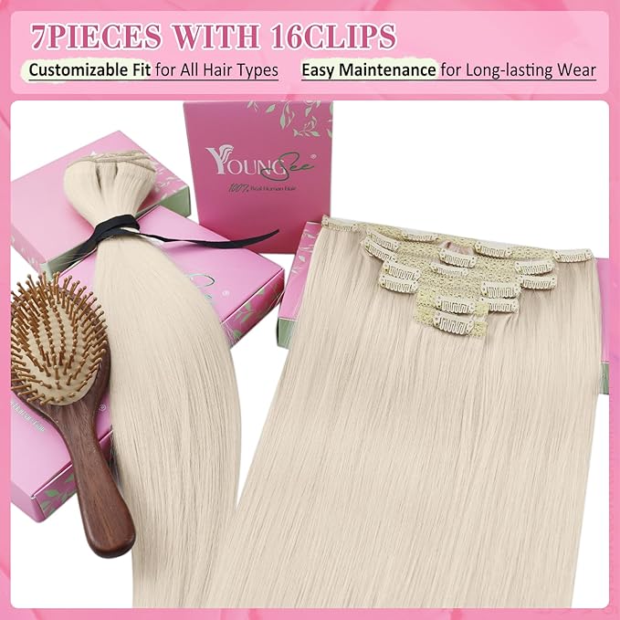 YoungSee Blonde Clip in Hair Extensions for Short Hair Clip in Human Hair Extensions Platinum Blonde Real Human Hair Clip ins Extension Silky Straight for Short Hair 12In 80G 7Pcs
