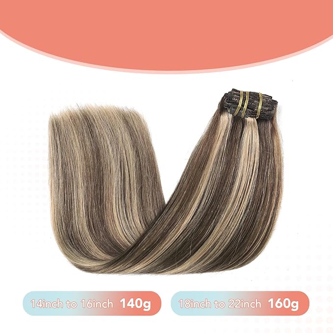 XDhair Clip in Hair Extensions Human Hair 140g 7pcs 14 Inch Chocolate Brown to Caramel Blond Clip in Real Hair Extensions #4p27/14 inch