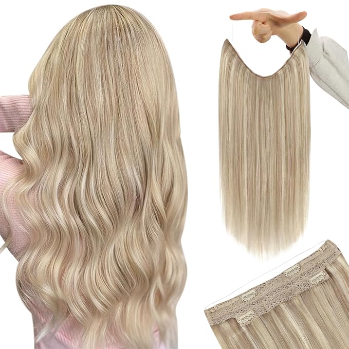 YoungSee 120g Invisible Wire Hair Extensions Ash Blonde Highlights Bleach Blonde Wire Hair Extensions for Women Highlighted Fish Line Hair Extension Human Hair 18Inch