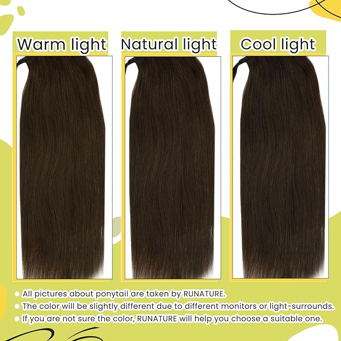 RUANTURE Clip in Ponytail Hair Extensions Human Hair Chocolate Brown Real Hair Ponytail Extension Straight Wrap Around Ponytail Human Hair Extension 16 Inch 80g Thick Pony Tails Hair Extensions