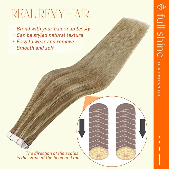 Full Shine Invisible Tape in Human Hair Extensions 14 Inch Color 10 Fading to 16 Highlight 16 Double Sided Tape in Hair Extensions 50G Seamless Tape Hair Extensions 20 Pcs for Women